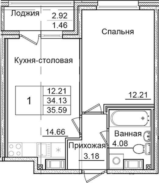 1-комнатная квартира 35.59 м², 8/9 эт., ЖК «Квартал Заречье»